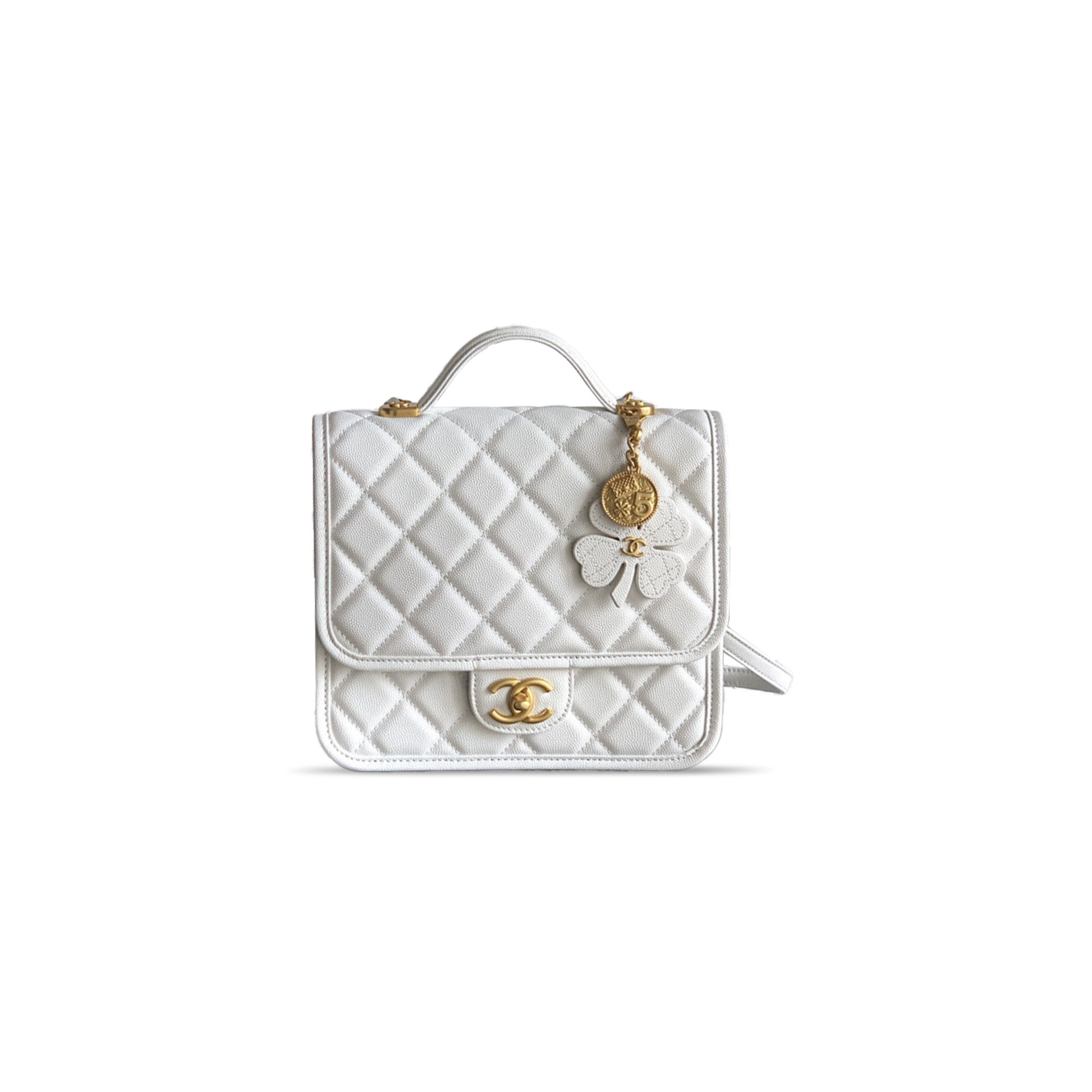 Ch**el backpack grained shiny calfskin & gold-tone metal white as5715 (22*19.5*7cm)